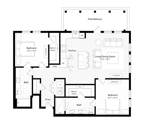 Floor plan for 2 beds, 2 baths, 1376 sqft